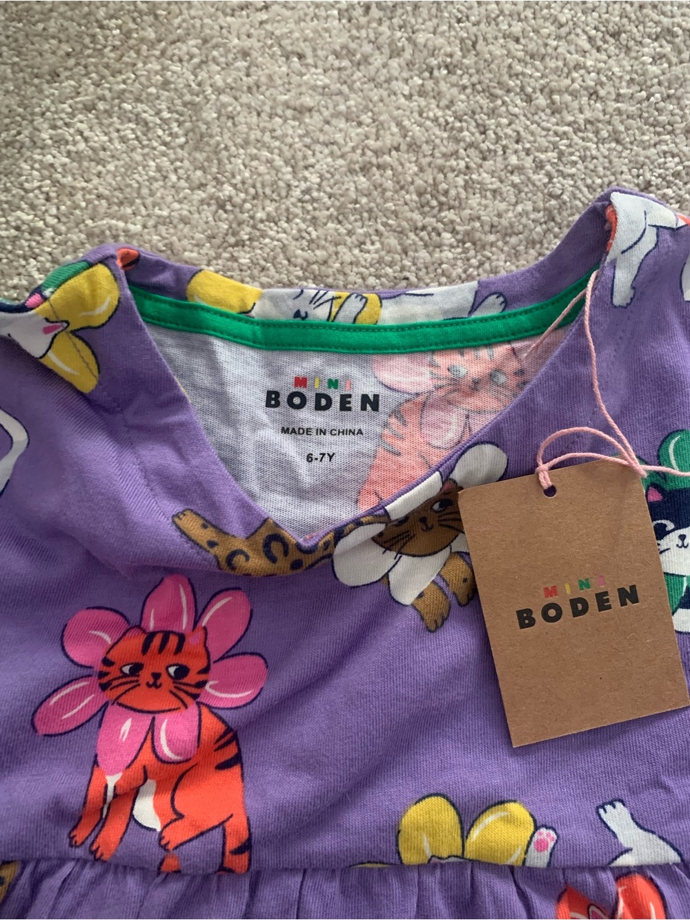 NWT! Mini Boden Purple Floral Kitty Dress with Striped Pockets - Picture 2 of 3